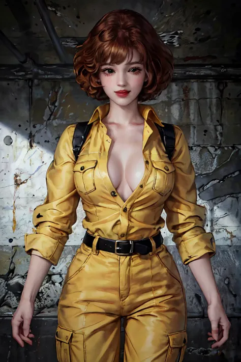 cowboy shot, april o'neil, 1980s \(style\), 1girl, brown hair, orange hair, retro artstyle, short hair, solo, yellow jumper suit, unbutton_shirt, (naked_breasts:1.2), medium_breasts, cleavage, full body shot, model pose, shoes visible
