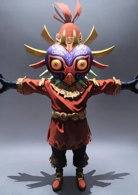masterpiece:1.2, best quality, Skull Kid, standing, fully body, front view, smiling, front view, POV, TPose, outstretched arms, <lora:TPose:0.6>, <lora:SkullKid:1.0>