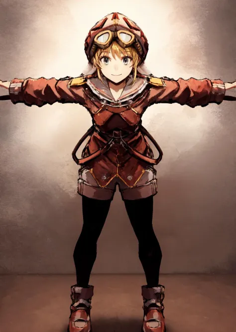 masterpiece:1.2, best quality, Tita, hat, goggles, standing, smiling, fully body, front view, front view, POV, TPose, outstretched arms, <lora:TPose:0.8>, <lora:tita:1.0>