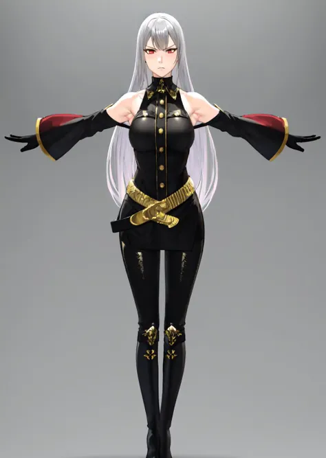 masterpiece:1.2, best quality, Selvaria, black shirt, bare shoulders, detached sleeves, belt, black pants, black gloves, high heel boots, standing, fully body, ((toned)), front view, serious, front view, POV, TPose, outstretched arms, <lora:TPose:0.8>, <lora:selvaria-nvwls-v2:0.7>