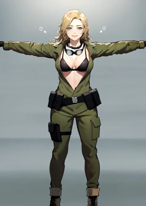 masterpiece:1.2, best quality, mgs3eva, blue eyes, tan jumpsuit, goggles around neck, black bra, belt, black gloves, boots, standing, fully body, front view, smile, front view, POV, TPose, outstretched arms, <lora:TPose:0.8>, <lora:eva-nvwls-v1:1.0>