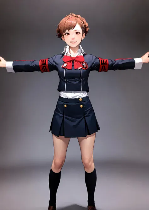 masterpiece:1.2, best quality,  kotone, armband, school uniform, bow, skirt, standing, fully body, front view, smiling, <lora:Kotone:0.9>, front view, POV,  TPose, outstretched arms,  <lora:TPose:0.8>