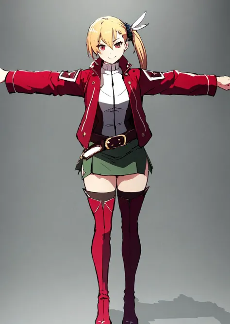 masterpiece:1.2, best quality, Alisa Reinford, red jacket, green skirt, thigh boot, standing, smiling, fully body, front view, front view, POV, TPose, outstretched arms, <lora:TPose:0.8>, <lora:alisa-nv-v1:1.0>