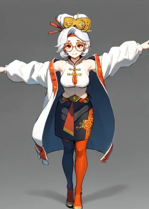 masterpiece:1.2, best quality, Purah, red glasses, hair ornament, hair stick, red headband, white shirt, bare shoulders, white jacket, black skirt, orange leggings, high heels, standing, fully body, front view, smile, front view, POV, TPose, outstretched arms, <lora:TPose:0.8>, <lora:purah-nvwls-v3-2:1.0>