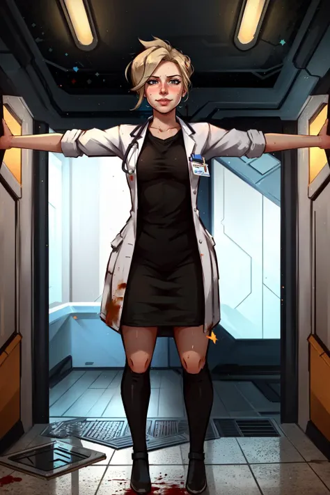 (masterpiece, best quality), intricate details,
1girl, <lora:å»ç天使 _ Doctor Mercyï¼Overwatchï¼_ Role.LORA:0.8> Doctor/(Mercy/)
sweating, boob sweat,
indoors, smug, smirk, <lora:TPose:0.8> TPose, outstretched arms, standing, blood on face, horror, night, dark,