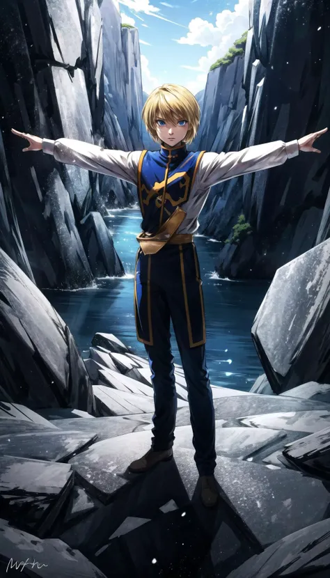 (cowboy shot),  sfw,  (masterpiece), (best quality:1.0), (ultra highres:1.0), detailed eyes,
BREAK
 <lora:Kurapika:0.7> Kurapika, male
<lora:TPose,outstretched arms, standing:0.5> TPose,outstretched arms, standing
<lora:more_details:0.5>
BREAK
overlooking cliff, gorgeous view