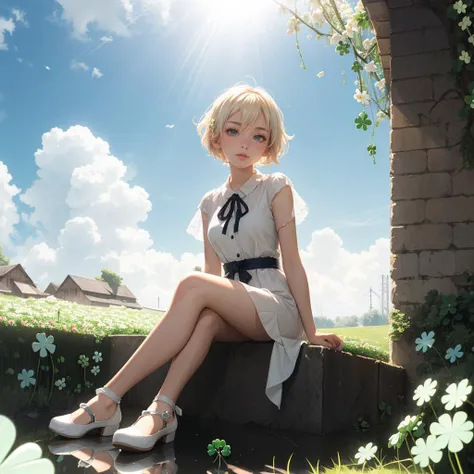 (kawaii background:1.3), (extremely detailed fine touch:1.3), (hard light, studio light, light rays, dappled light, reflection, shadows, ray tracing:1.0), ///, girl, white blonde short hair, full body, sky, cloud, flower, glass shoes, (clover:1.3), (sitting;:1.3)