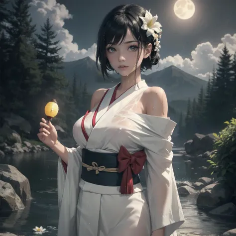 1girl, breasts, moon, lantern, night, solo, large breasts, hair ornament, wet, kimono, japanese clothes, wading, water, hair flower, flower, outdoors, sky, full moon, rain, black hair, off shoulder, mountain, cloud, holding, sash, bare shoulders, paper lantern, standing, white kimono, night sky, sideboob, obi, wet clothes, bangs, tree, from side, reflection, short hair, cloudy sky, wet hair (((masterpiece),(extremely detailed CG unity 8k wallpaper),best quality,,solo,1girl,cinematic lighting,detailed background,beautiful detailed eyes,bright pupils, (an extremely delicate and beautiful),(Beautiful and detailed eye description)ï¼ ultra-detailed,masterpiece,)),