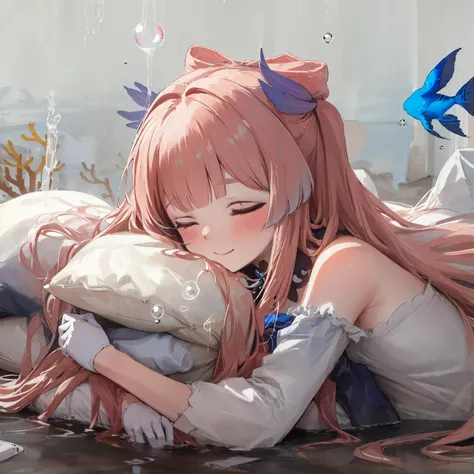 masterpiece,best quality,artbook,colorful,comic,strong rim light,<lora:sangonomiyaKokomi_v10:0.8>,one_girl, adorable girll,angel_face,bishoujo,lying,pillow_hug,lap pillow,half-closed eyes,light smile,long hair,pink hair, half white gloves,bowtie,underwater,fish,bubble,coral,notebook, reel \(riru\),