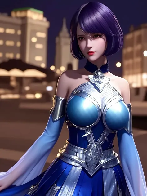1girl,mature female,cityscape,night,looking at viewer,short hair,skirt,detached sleeves,metal trim,bare shoulders,collar,bare legs,multicolored dress,jewelry,gradient dress,short skirt,<lora:DLDLduguyan_20230728180520:0.8>,pleated skirt,scale armor,breastplate,upper body,blue skirt,