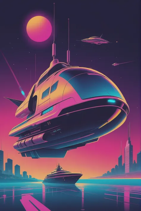 1980s synthwave cyberpunk, A luxurious, far-future, space yacht with an AI-driven autopilot system<lora:synthwave1:1:1:lbw=SDXL_OUTS>