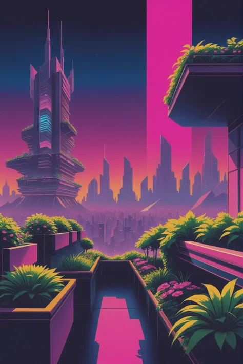 1980s synthwave cyberpunk, Rooftop garden in a epic scifi city beyond the beginning of the universe, masterpiece<lora:synthwave1:1:1:lbw=SDXL_OUTS>