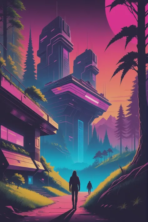 1980s synthwave cyberpunk, hillside,mysterious scifi settlement in a Sclerophyll Forest<lora:synthwave1:1:1:lbw=SDXL_OUTS>