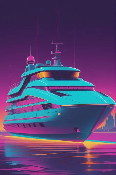 1980s synthwave cyberpunk, A luxurious, quantum, striped cyan and violet sea yacht <lora:synthwave1:1:1:lbw=SDXL_OUTS>