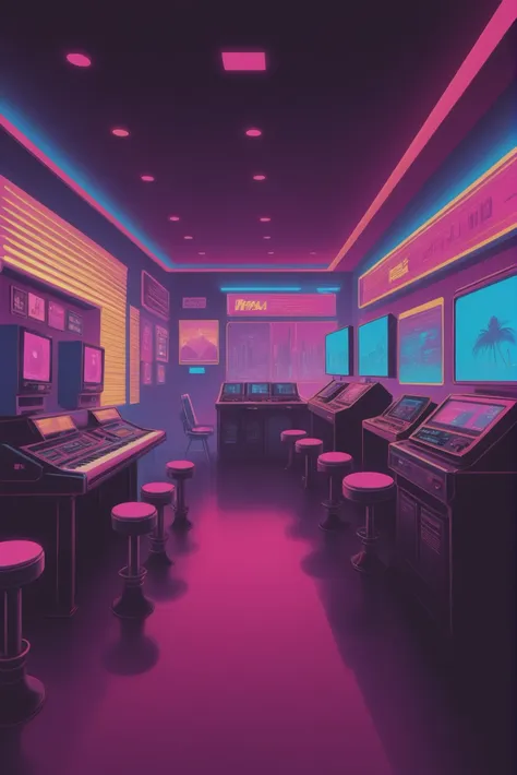 1980s synthwave cyberpunk, Gallery \(room\) <lora:synthwave1:1:1:lbw=SDXL_OUTS>