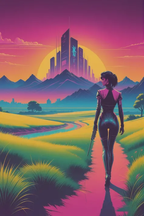 1980s synthwave cyberpunk, Temperate Grassland<lora:synthwave1:1:1:lbw=SDXL_OUTS>