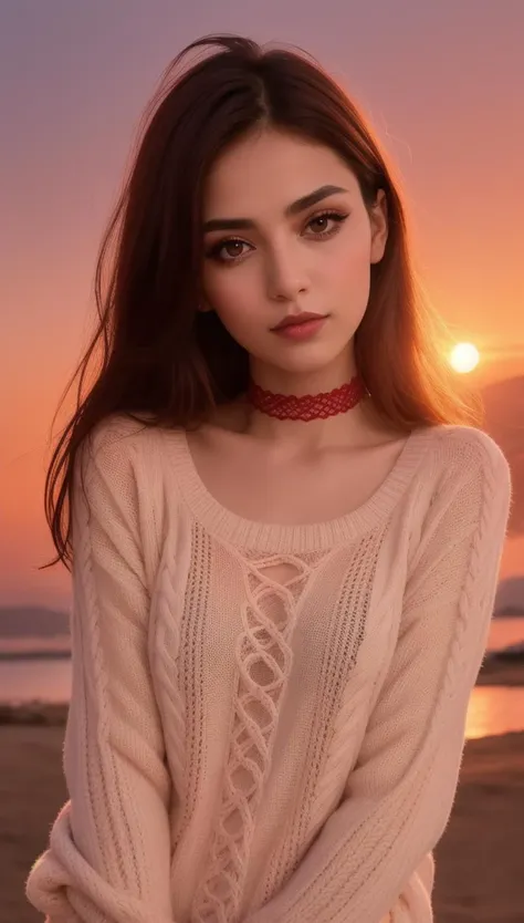 1 young cute iranian girl, very slim, skinny, redhead, rouge, red neck lace choker, cateyes makeup, colorful, oversize knit jumper, softcore, warm lighting, cosy atmosphere, Instagram style, red theme, upper body shot,(cinematic, black and red:0.85), (sunset beautiful background:1.3), sharp, dim colors