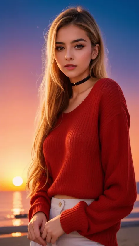 1 young cute iranian girl, blond hair, very slim, skinny, redhead, rouge, red neck lace choker, cateyes makeup, colorful, oversize knit jumper, softcore, warm lighting, cosy atmosphere, Instagram style, red theme, upper body shot,(cinematic, black and red:0.85), (sunset beautiful background:1.3), sharp, dim colors