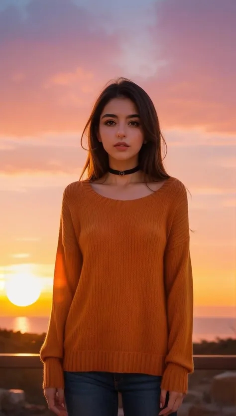 ung cute iranian girl, very slim, skinny, redhead, rouge, red neck lace choker, cateyes makeup, colorful, oversize knit jumper, softcore, warm lighting, cosy atmosphere, Instagram style, red theme, upper body shot,(cinematic, black and red:0.85), (sunset beautiful background:1.3), sharp, dim colors