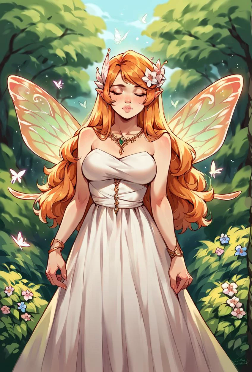 score_9,score_8_up,score_7_up,score_6_up,score_5_up,score_4_up source_safe, witchyset58, 1girl,solo,long hair,breasts,blonde hair,hair ornament,dress,bare shoulders,jewelry,medium breasts,closed mouth,closed eyes,flower,outdoors,wings,hair flower,orange hair,blurry,tree,lips,bug,plant,butterfly,nature,fairy wings,fairy,butterfly wings <lora:IlyaKuvshinovXL:0.8>,