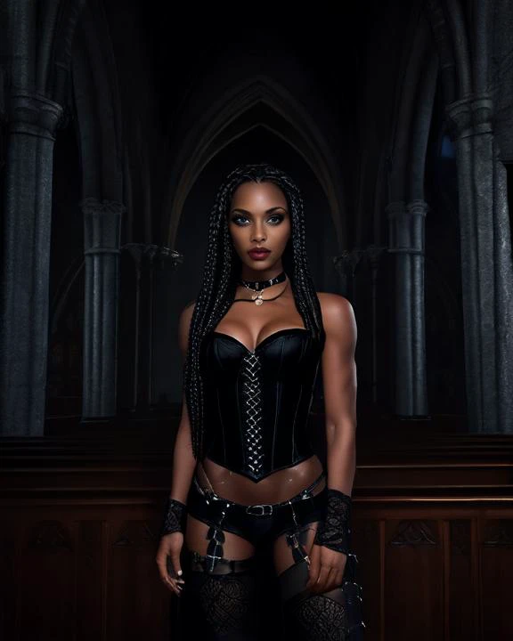 gorgeous black woman,
long braided hair, 
large blue eyes, beautiful eyes,
beautiful face, chiseled jaw, 
dark skin, muscular body, 
standing in a gothic church, night photo, low light, dark, whole body visible, full body,
masterpiece, very detailed, high quality, realistic, 
 <lora:edgGothLingerie_MINI:1> GothGal,  ((lingerie)), garterbelt,