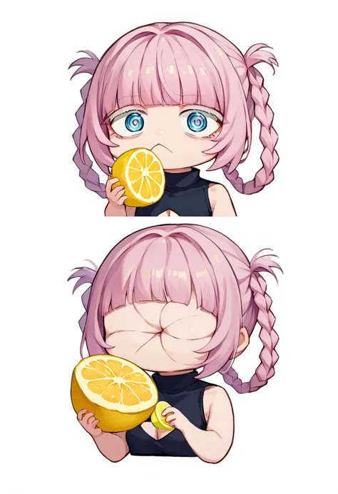 score_9, score_8_up, score_7_up, source_anime, simple background, white background, 2koma, multiple views, chibi, solo, 1girl, nanakusa nazuna, holding fruit, lemon slice, pink hair, braid, hair rings, ringed eyes, black crop top, cleavage cutout, sleeveless turtleneck <lora:meme_thour_ponyXL:1.4> <lora:callofthenight_nanakusa_ponyXL:0.9>