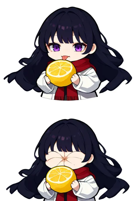 score_9, score_8_up, score_7_up, source_anime, simple background, white background, 2koma, multiple views, chibi, solo, 1girl, BS, tongue out, holding fruit, lemon slice, purple eyes, long hair, black hair, white coat, red scarf <lora:meme_thour_ponyXL:1.4> <lora:Bloodsplash-XL-V4:0.8>