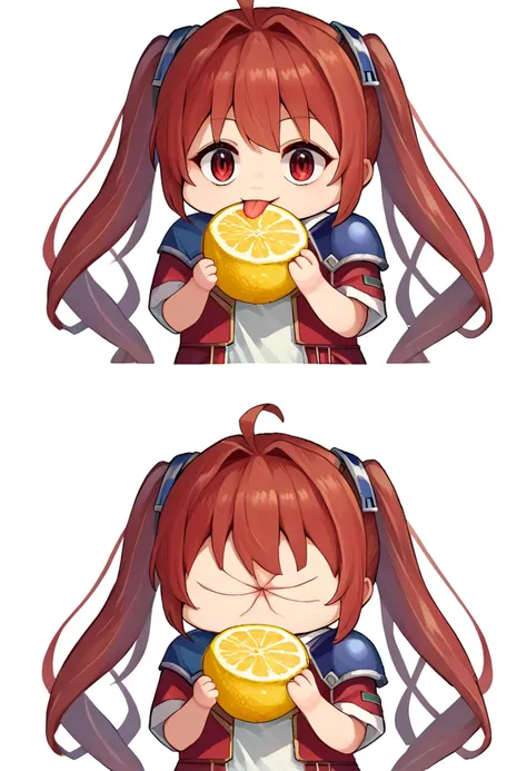 score_9, score_8_up, score_7_up, source_anime, simple background, white background, 2koma, multiple views, chibi, solo, 1girl, fcEstelle, tongue out, holding fruit, lemon slice, twintails, red jacket, blue shoulder pad, white shirt <lora:meme_thour_ponyXL:1.4> <lora:estelle-pdxl-nvwls-v1:0.9>
