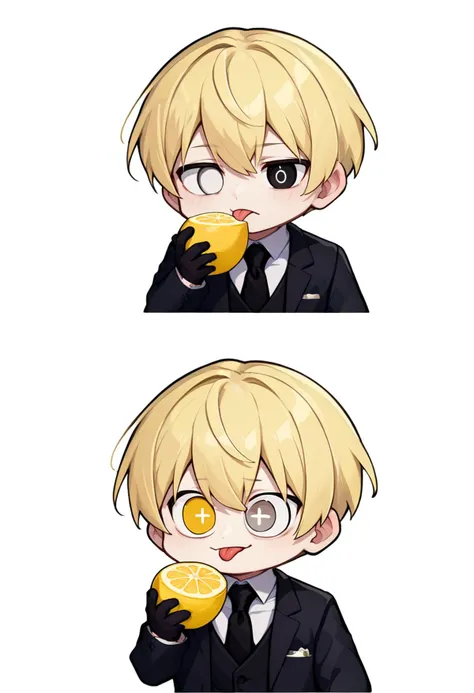 score_9, score_8_up, score_7_up, source_anime, simple background, white background, 2koma, multiple views, chibi, solo, male focus, 1boy, justtnp, tongue out, holding fruit, lemon slice, heterochromia, black eyes, white eyes, formal, black jacket, black vest, black necktie, black gloves <lora:meme_thour_ponyXL:1.4> <lora:oc_justtnp_ponyXL:0.9>