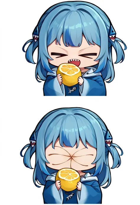 score_9, score_8_up, score_7_up, source_anime, simple background, white background, 2koma, multiple views, chibi, solo, 1girl, gawr gura, sharp teeth, holding fruit, lemon slice, blue hoodie, two side up, shark hair ornament <lora:meme_thour_ponyXL:1.4> <lora:gawr_gura_sdxl_pony:0.9>