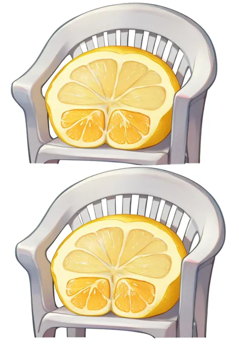 score_9, score_8_up, score_7_up, source_anime, simple background, white background, 2koma, multiple views, chibi, no humans, plastic chair, fruit, lemon slice <lora:meme_thour_ponyXL:1.4> <lora:PlasticChair_XLPD:1>