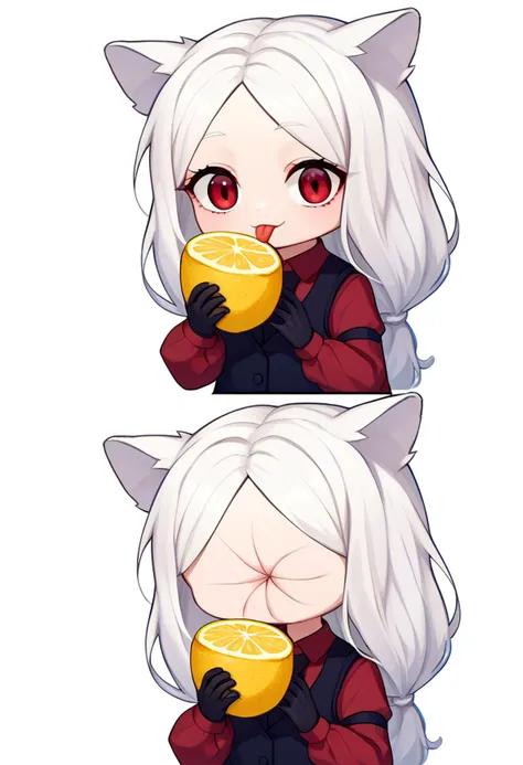 score_9, score_8_up, score_7_up, source_anime, simple background, white background, 2koma, multiple views, chibi, solo, 1girl, htcerberus, tongue out, holding fruit, lemon slice, white hair, low-tied long hair, animal ears, red shirt, long sleeves, arm garter, black gloves, black vest <lora:meme_thour_ponyXL:1.4> <lora:helltaker_cerberus_ponyXL:1>