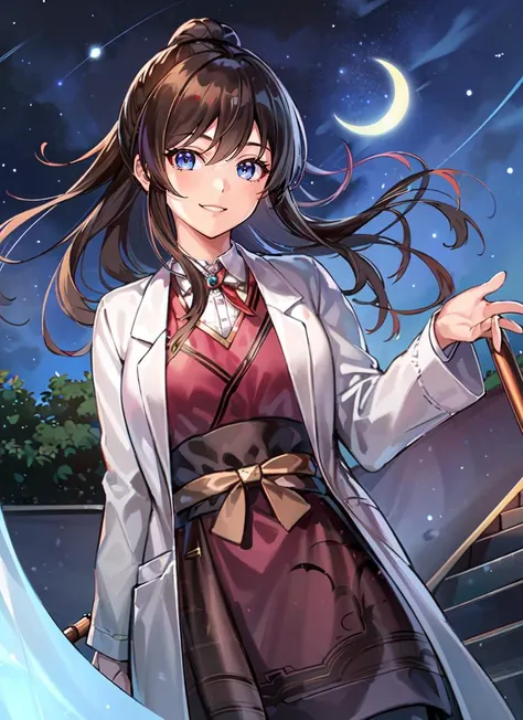 ((best quality)), ((highly detailed)), absurdres, (detailed eyes, deep eyes), (1girl), dutch_angle, upper body, ((lab coat)), girl next door, friendly, smiling, (outside, at a stairway, evening, night sky, stars, half moon, shooting star, hurricane), <lora:RomanceOfThreeKingdomStyle_v1:1>, san14