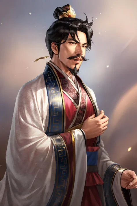 san14 advisor, solo, open mouth, black hair, 1boy, male focus, facial hair, chinese clothes, mustache <lora:RomanceOfThreeKingdomStyle_v1:1>