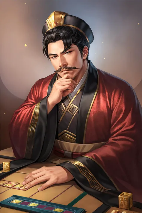 san14 advisor, solo, black hair, 1boy, hat, male focus, black eyes, facial hair, chinese clothes, mustache, hand on own chin, thinking, board game, stroking own chin
<lora:RomanceOfThreeKingdomStyle_v1:1>