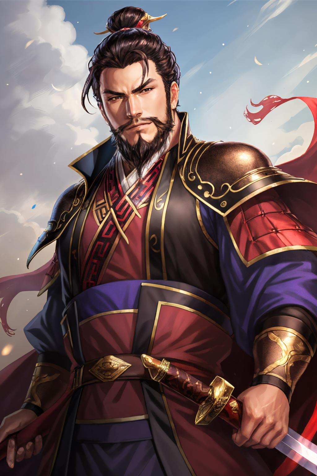 A man in a red and black outfit holding a sword - SeaArt AI