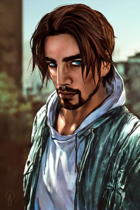 Dark Fantasy, Second Life, (masterpiece, best quality, ultra-detailed, highres, best illustration),perfect face, ((solo, solo focus)),sidelighting, lustrous skin,(bloom), (shine), ray tracing,1boy, male focus, facial hair, solo, beard, blue eyes, looking at viewer, outdoors, brown hair, day, closed mouth, short hair, upper body, grass, portrait, sky, hood, bangs, collarbone, thick eyebrows, black hair,depth_of_field, city background,very detailed background,extreme light and shadow,(detailed eyes), (beautiful) beautiful detailed eyes, perfect lighting , perfect anatomy,(extremely detailed illustrated 8k wallpaper),(masterpiece), (best quality), (ultra-detailed), (best illustration),(best shadow), vivid colors <lora:OseaSevenOne32-DarkFanta:0.8>