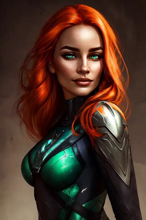 (masterpiece, best quality, ultra-detailed, highres, best illustration),perfect face, ((solo, solo focus)),sidelighting, lustrous skin,(bloom), (shine), ray tracing,11girl, solo, red hair, green bodysuit, long hair, looking at viewer, bodysuit, green eyes, upper body, orange hair, from side, superhero, blue eyes, lips, simple background, smile,depth_of_field, city background,very detailed background,extreme light and shadow,(detailed eyes), (beautiful) beautiful detailed eyes, perfect lighting , perfect anatomy,(extremely detailed illustrated 8k wallpaper),(masterpiece), (best quality), (ultra-detailed), (best illustration),(best shadow), vivid colors <lora:OseaSevenOne32-DarkFanta:0.7>