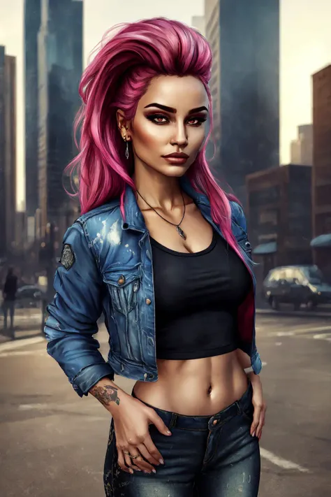 (masterpiece, best quality, ultra-detailed, highres, best illustration),perfect face, ((solo, solo focus)),sidelighting, lustrous skin,(bloom), (shine), ray tracing,1girl, jewelry, solo, earrings, jacket, pants, navel, midriff, pink hair, breasts, makeup, denim, red eyes, crop top, long hair, eyeshadow, necklace, hands in pockets, cropped jacket, jeans, denim jacket, paint splatter, nose, cleavage, open jacket, small breasts, tattoo, lips, clothes writing, black pants,depth_of_field, city background,very detailed background,extreme light and shadow,(detailed eyes), (beautiful) beautiful detailed eyes, perfect lighting , perfect anatomy,(extremely detailed illustrated 8k wallpaper),(masterpiece), (best quality), (ultra-detailed), (best illustration),(best shadow), vivid colors <lora:OseaSevenOne32-DarkFanta:0.7>