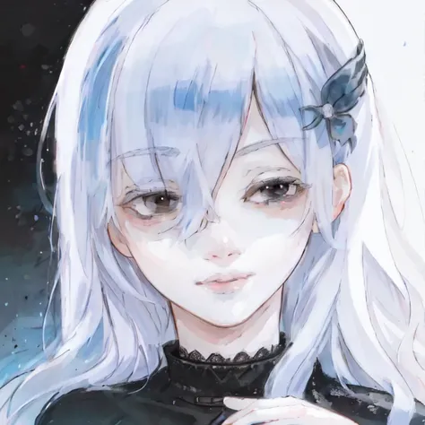 ishida sui, 1girl, portrait, (abstract background), echidna \(re:zero\):1.3 in the style of <lora:suiISHIDAStyleLora_v20:0.6>, white long hair, brown eyes, thick white eyebrows,