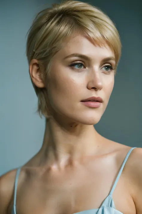 photoshoot of gan, (blonde hair), (pixie cut), , detailed skin texture, (blush:0.2), (goosebumps:0.3), (light blue dress), subsurface scattering, Photorealistic, Hyperrealistic, Hyperdetailed, analog style, hip cocked, demure, detailed skin, matte skin, soft lighting, subsurface scattering, realistic, heavy shadow, masterpiece, best quality, ultra realistic, 8k, golden ratio, Intricate, High Detail, film photography, soft focus <lora:GemmaArterton-RealVision-V1.0:1>