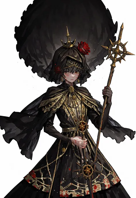 <lora:LOR2nd:0.8:0.8:lbw=OUTALL>,flat color,LOR Artstyle, veil, solo, flower, white background, simple background, holding, crown, staff, blood, rose, no humans, holding staff, weapon, red flower, blood, bloodstain