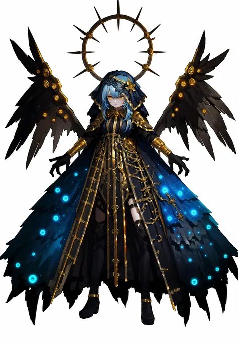 <lora:LOR2nd:0.8:0.8:lbw=OUTALL>,LOR Artstyle,1girl,solo,idol dress,monster,blood,weapon,blue hair,flat color,white background,yellow eyes,extra eyes,full body, wings, science fiction, shield, veil