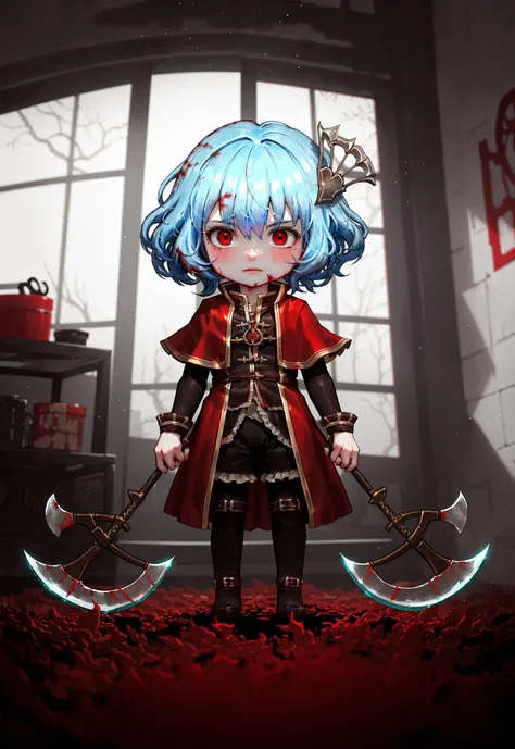 <lora:LOR:0.8:0.8:lbw=OUTALL>,LOR Artstyle,1girl, solo, blood, blue hair, red eyes, remilia scarlet, weapon, axe, short hair, chibi