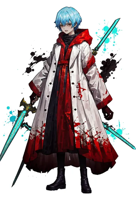 <lora:LOR2nd:0.8:0.8:lbw=OUTALL>,LOR Artstyle,simple background,white background,1girl,full body,solo,long dress,monster,weapon,yellow hair,sword,long white coat,anime,watercolor,teeth,guro,