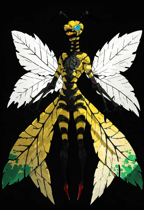 <lora:LOR2nd:0.8:0.8:lbw=OUTALL>,flat color,LOR Artstyle, no humans, solo, white background, bee, sharp teeth, simple background, antennae, open mouth, teeth, blue eyes, full body, insect wings, monster, blood