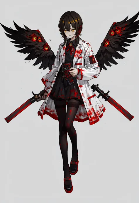 <lora:LOR2nd:0.8:0.8:lbw=OUTALL>,flat color,LOR Artstyle,weapon,solo,gun,hood,holding,1girl,wings,extra eyes,yellow eyes,white coat,pantyhose,blood,flesh,monster,