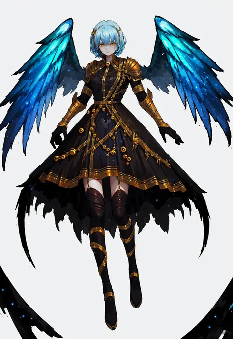 <lora:LOR2nd:0.8:0.8:lbw=OUTALL>,LOR Artstyle,1girl,solo,idol dress,monster,blood,weapon,blue hair,flat color,white background,yellow eyes,extra eyes,full body, wings, science fiction, shield
