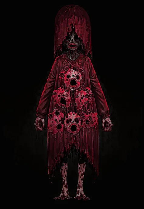 <lora:LOR2nd:0.8:0.8:lbw=OUTALL>, flat color,LOR Artstyle, white background, solo, simple background, blood, standing, full body, dripping, horror (theme), monster, blood, flesh, blood veins, skin