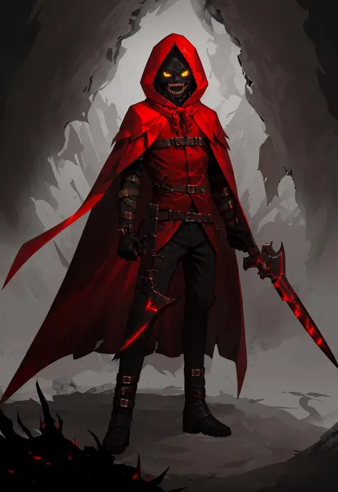 <lora:LOR:0.8:0.8:lbw=OUTALL>,LOR Artstyle,solo,weapon,hood,1boy,gun,male focus,yellow eyes,blood,bandages,white background,sharp teeth,holding,teeth,gloves,simple background,glowing,glowing eyes,long cape, pistol, blade,